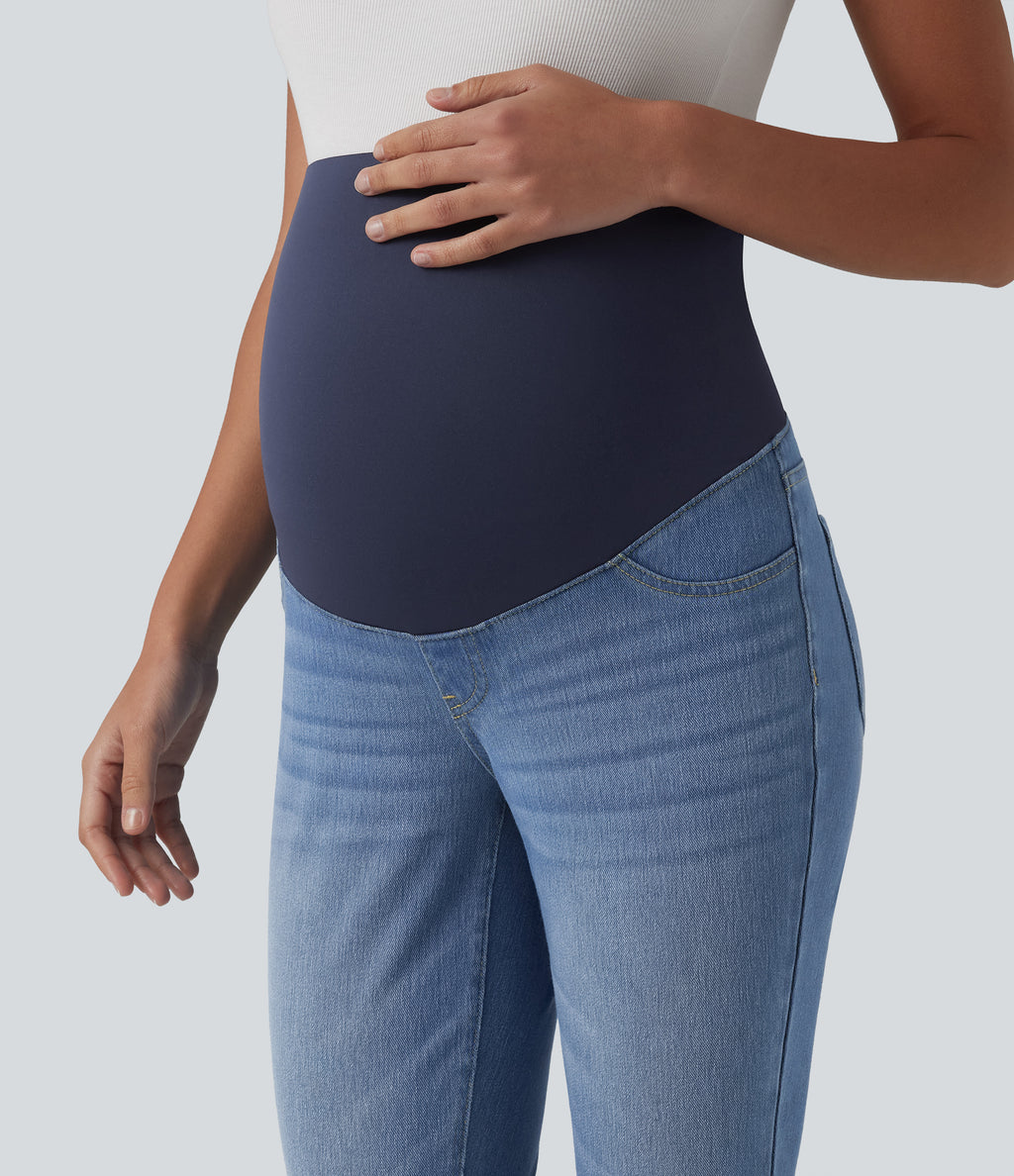 Super High Waisted Skinny 7/8 Casual Maternity Jeans with Pockets — Malibu Blue Denim — view 4