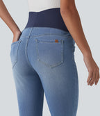Super High Waisted Skinny 7/8 Casual Maternity Jeans with Pockets — Malibu Blue Denim — view 5