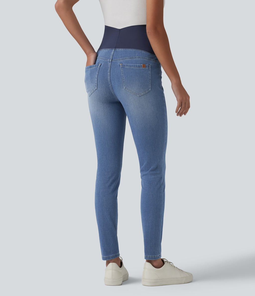 Super High Waisted Skinny 7/8 Casual Maternity Jeans with Pockets — Malibu Blue Denim — view 2