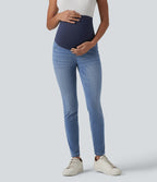 Super High Waisted Skinny 7/8 Casual Maternity Jeans with Pockets — Malibu Blue Denim — view 3