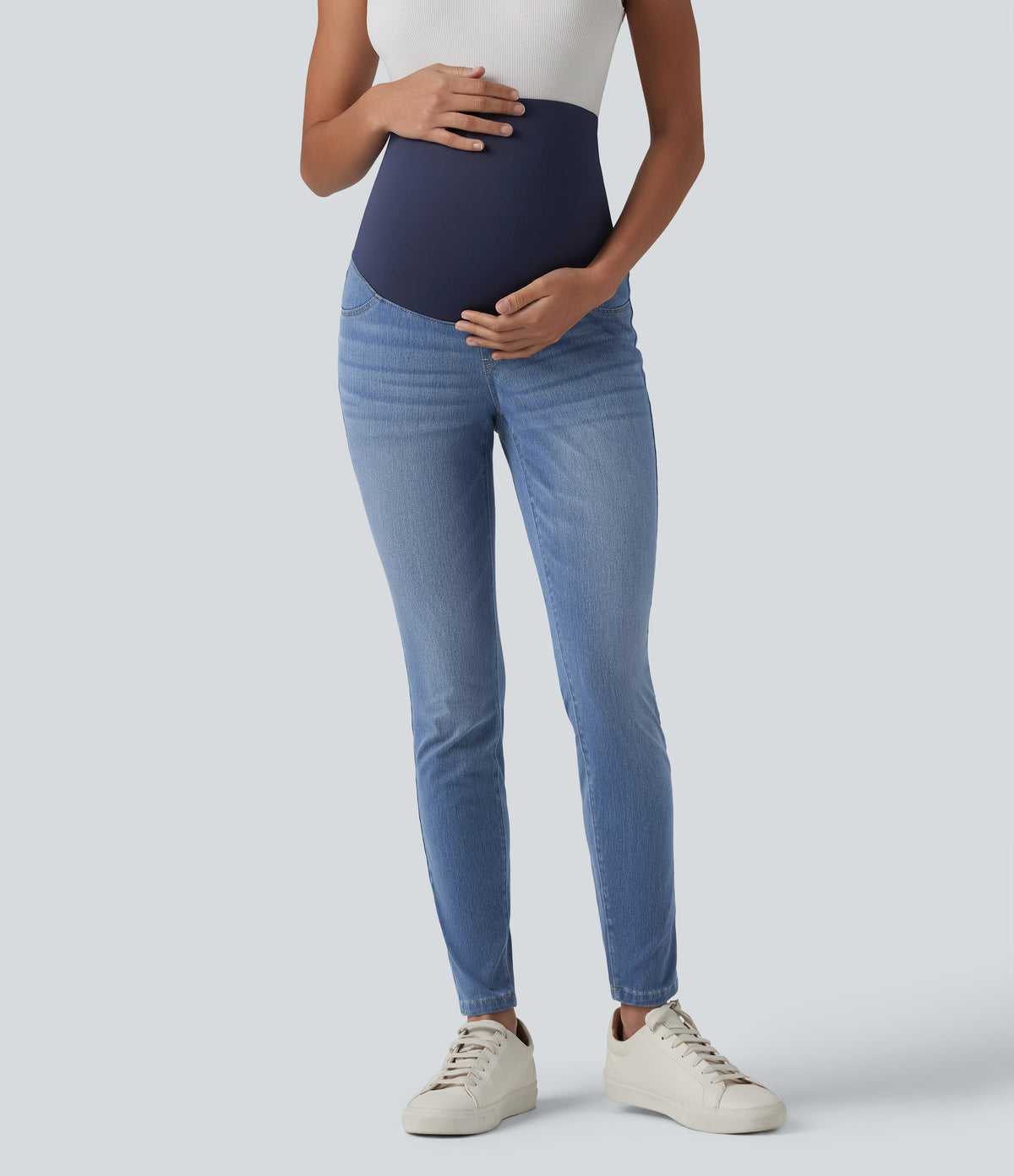 Super High Waisted Skinny 7/8 Casual Maternity Jeans with Pockets — Malibu Blue Denim — view 3