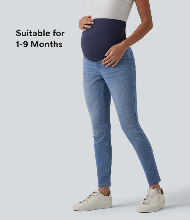 Super High Waisted Skinny 7/8 Casual Maternity Jeans with Pockets — Malibu Blue Denim — view 1