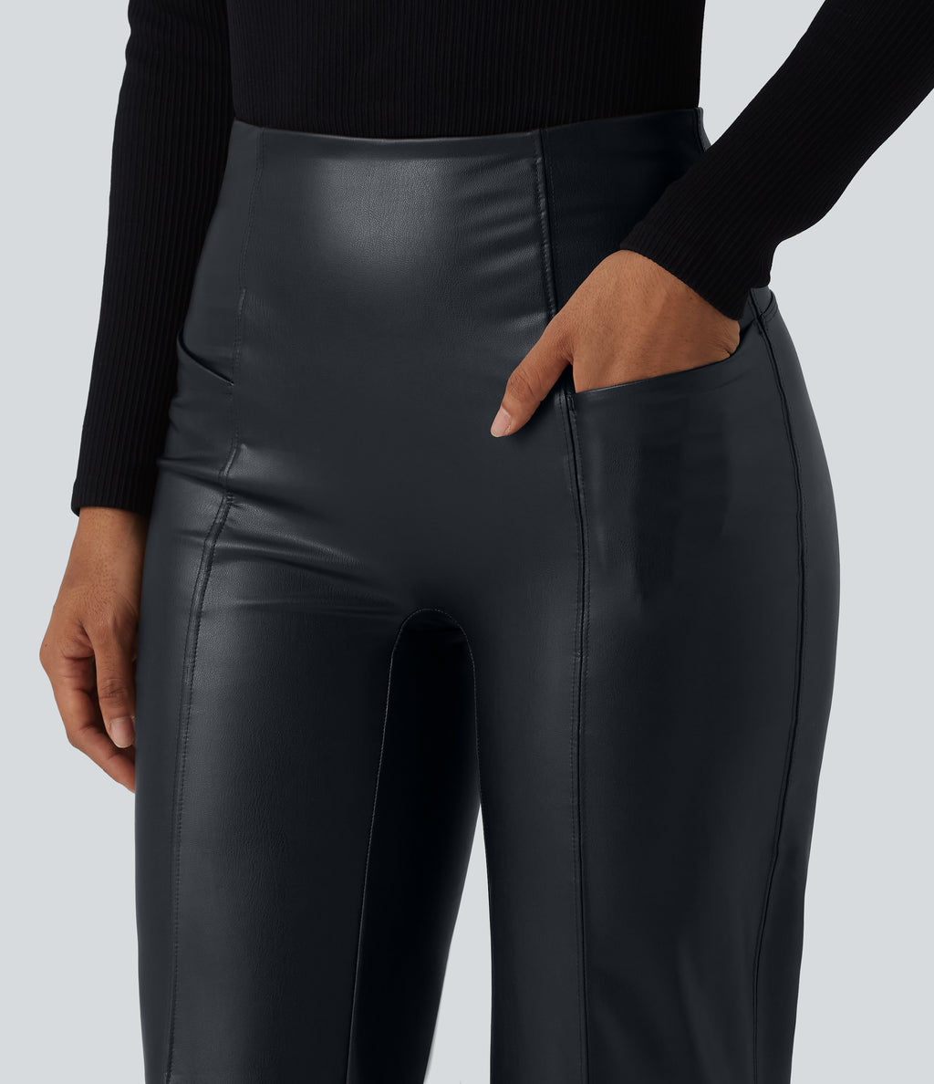 High Waisted Tummy Control Stretchy PU Casual Flare Trousers with Pockets — Ink Night Blue — view 4