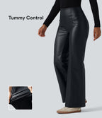 High Waisted Tummy Control Stretchy PU Casual Flare Trousers with Pockets — Ink Night Blue — view 1
