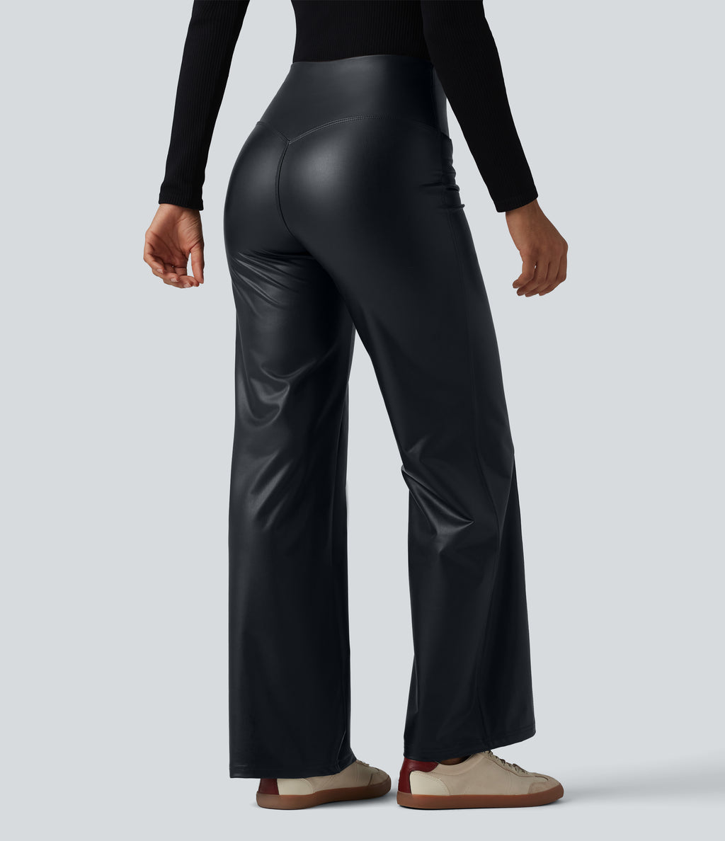 High Waisted Tummy Control Stretchy PU Casual Flare Trousers with Pockets — Ink Night Blue — view 3