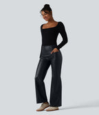 High Waisted Tummy Control Stretchy PU Casual Flare Trousers with Pockets — Ink Night Blue — view 6