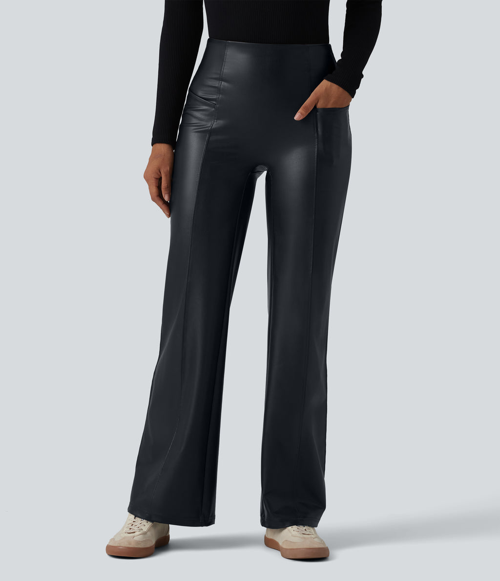 High Waisted Tummy Control Stretchy PU Casual Flare Trousers with Pockets — Ink Night Blue — view 2