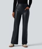 High Waisted Tummy Control Stretchy PU Casual Flare Trousers with Pockets — Ink Night Blue — view 2