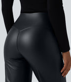 High Waisted Tummy Control Stretchy PU Casual Flare Trousers with Pockets — Ink Night Blue — view 5