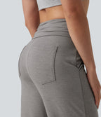 Foldover Mid Rise Ruched Drawstring Heathered Casual Flare Trousers with Pockets — Mottled Earth Gray — view 5