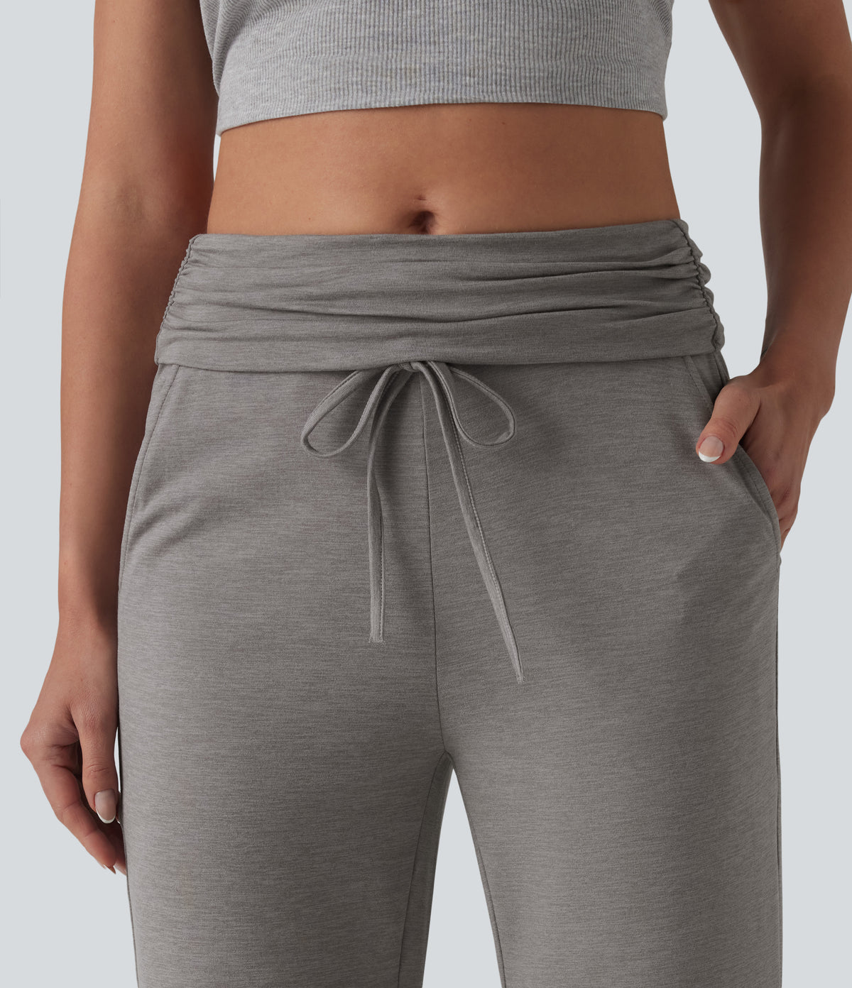 Foldover Mid Rise Ruched Drawstring Heathered Casual Flare Trousers with Pockets — Mottled Earth Gray — view 4