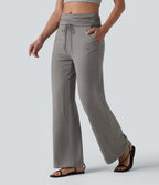 Foldover Mid Rise Ruched Drawstring Heathered Casual Flare Trousers with Pockets — Mottled Earth Gray — view 1