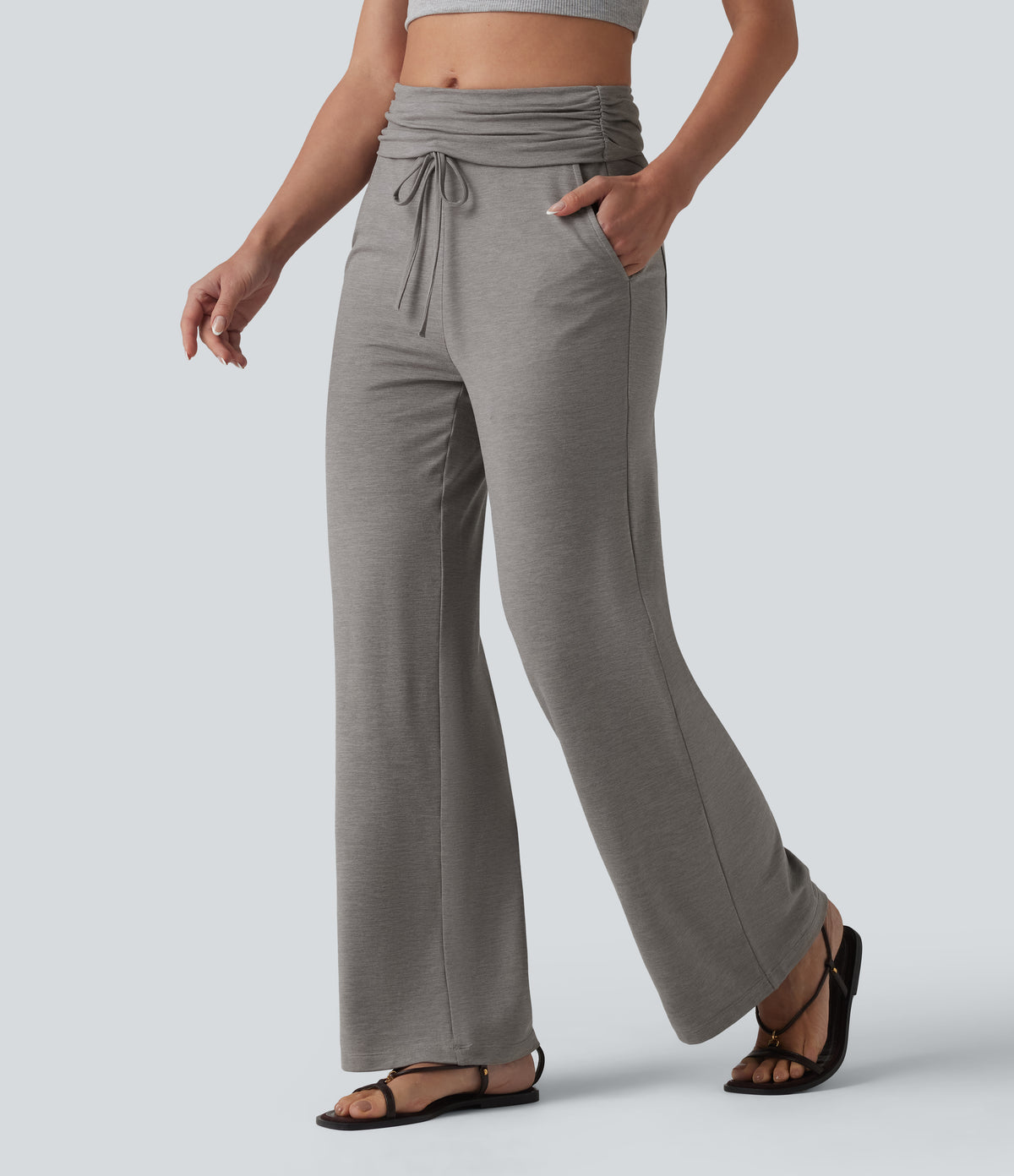 Foldover Mid Rise Ruched Drawstring Heathered Casual Flare Trousers with Pockets — Mottled Earth Gray — view 1