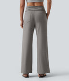 Foldover Mid Rise Ruched Drawstring Heathered Casual Flare Trousers with Pockets — Mottled Earth Gray — view 2