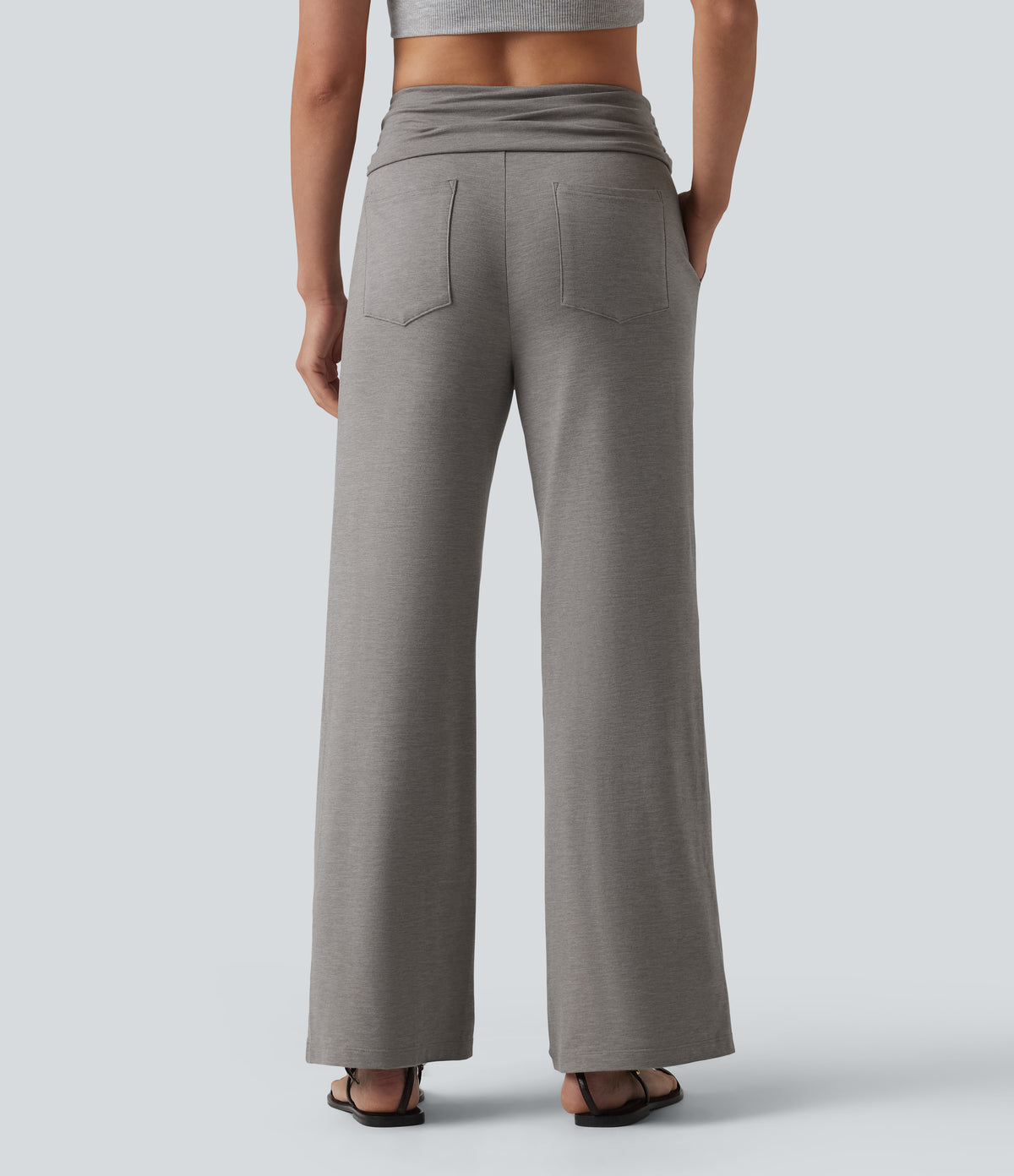 Foldover Mid Rise Ruched Drawstring Heathered Casual Flare Trousers with Pockets — Mottled Earth Gray — view 2