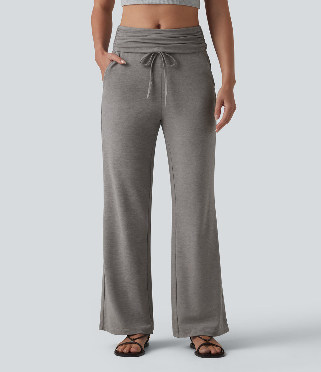 Foldover Mid Rise Ruched Drawstring Heathered Casual Flare Trousers with Pockets — Mottled Earth Gray — view 3