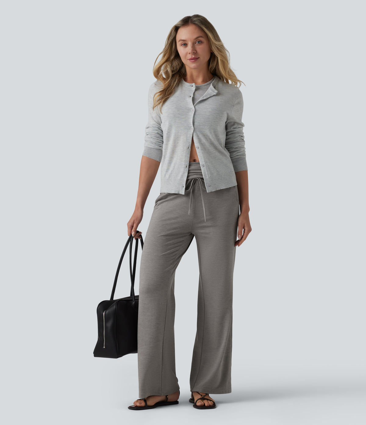 Foldover Mid Rise Ruched Drawstring Heathered Casual Flare Trousers with Pockets — Mottled Earth Gray — view 6