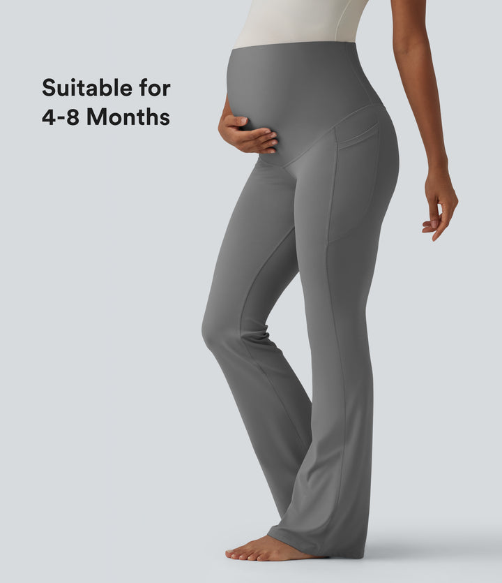 Super High Waisted Flare Yoga Maternity Leggings with Pockets — Steel Gray — view 1