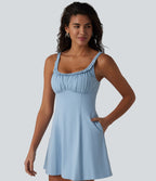 U-neck Sleeveless Ruffle Trim Ruched Built-in Bra Mini Casual Dress with Pockets — Angel Falls — view 4