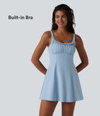 U-neck Sleeveless Ruffle Trim Ruched Built-in Bra Mini Casual Dress with Pockets — Angel Falls — view 1
