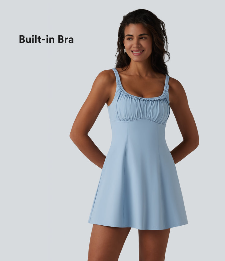 U-neck Sleeveless Ruffle Trim Ruched Built-in Bra Mini Casual Dress with Pockets — Angel Falls — view 1