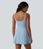 U-neck Sleeveless Ruffle Trim Ruched Built-in Bra Mini Casual Dress with Pockets — Angel Falls — view 2