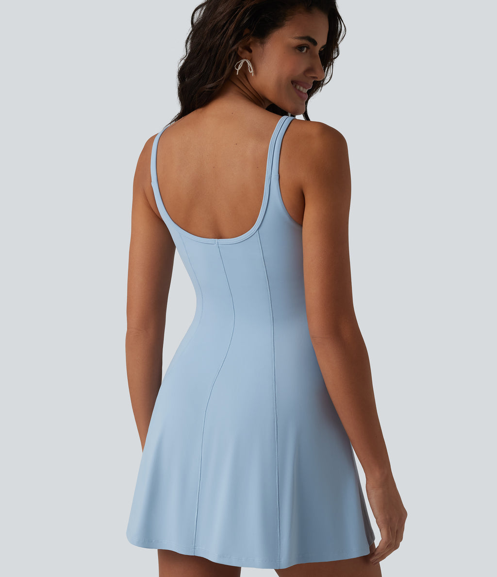 U-neck Sleeveless Ruffle Trim Ruched Built-in Bra Mini Casual Dress with Pockets — Angel Falls — view 5
