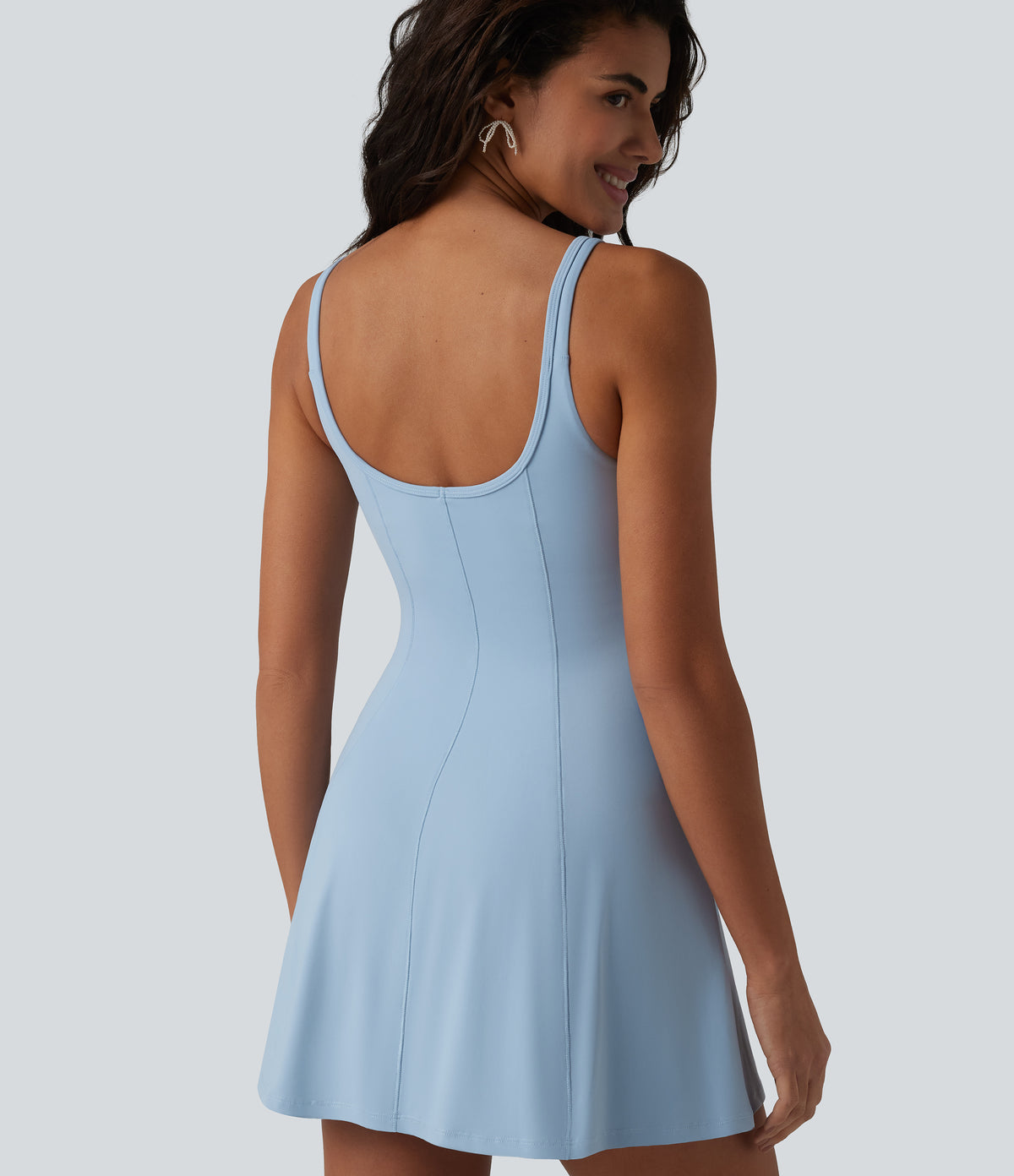 U-neck Sleeveless Ruffle Trim Ruched Built-in Bra Mini Casual Dress with Pockets — Angel Falls — view 5