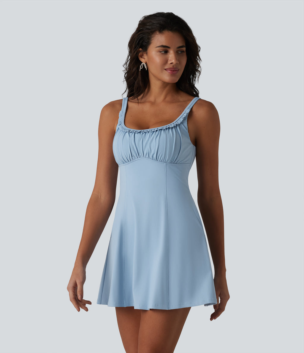 U-neck Sleeveless Ruffle Trim Ruched Built-in Bra Mini Casual Dress with Pockets — Angel Falls — view 3