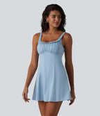 U-neck Sleeveless Ruffle Trim Ruched Built-in Bra Mini Casual Dress with Pockets — Angel Falls — view 3