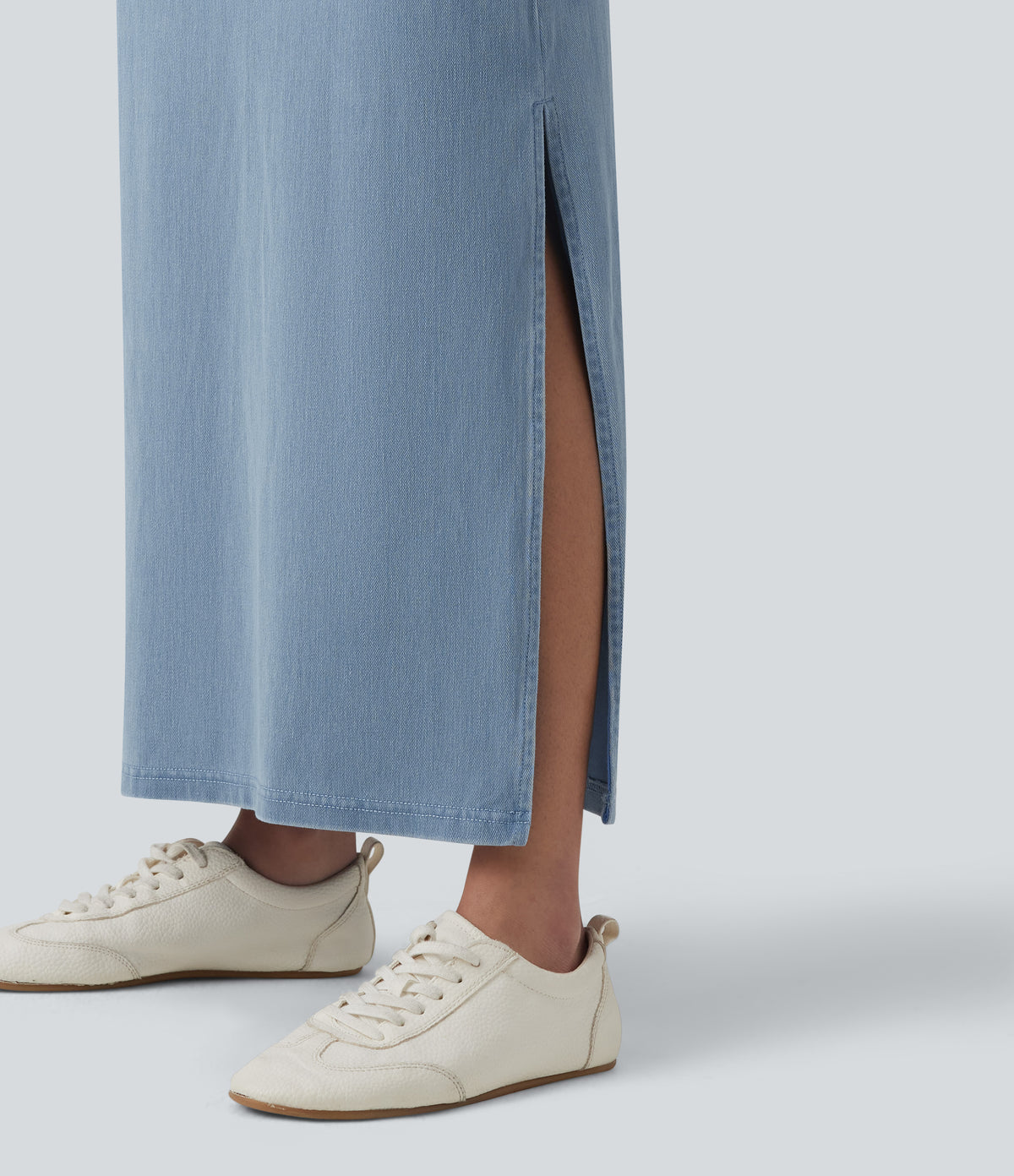 High Waisted Tummy Control Denim Maxi Casual Skirt — Powder Blue Denim — view 5