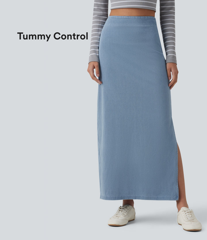 High Waisted Tummy Control Denim Maxi Casual Skirt — Powder Blue Denim — view 1