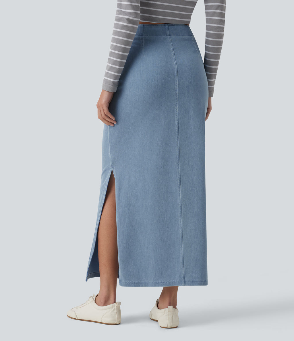 High Waisted Tummy Control Denim Maxi Casual Skirt — Powder Blue Denim — view 2