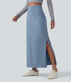High Waisted Tummy Control Denim Maxi Casual Skirt — Powder Blue Denim — view 3