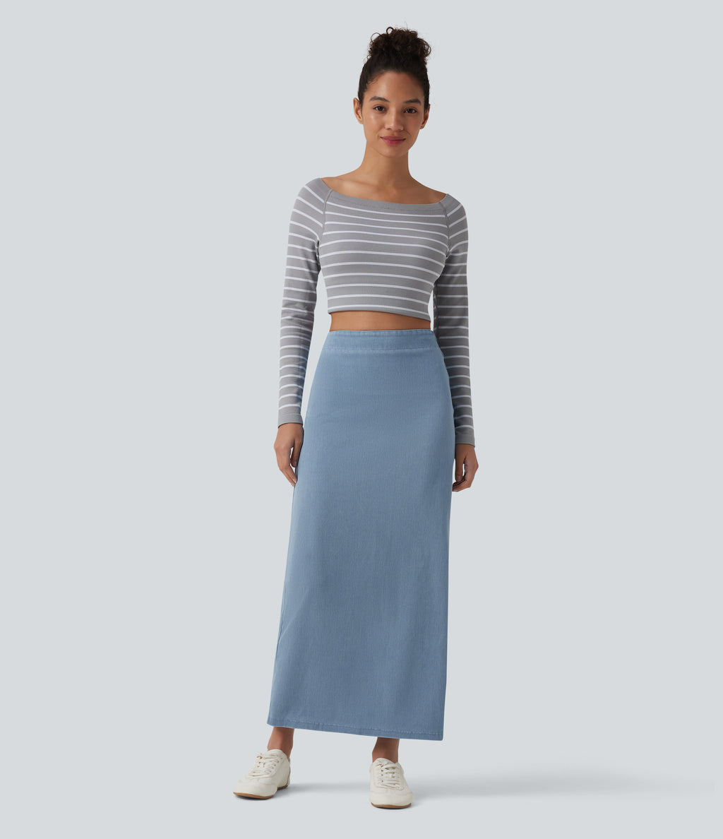 High Waisted Tummy Control Denim Maxi Casual Skirt — Powder Blue Denim — view 6