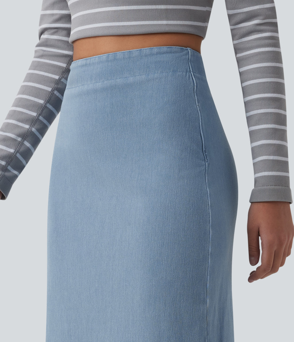 High Waisted Tummy Control Denim Maxi Casual Skirt — Powder Blue Denim — view 4