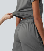 Short Sleeve Stripe Casual Shirt Playsuit with Pockets-Edition — Dusk Smoke Pinstripe — view 4