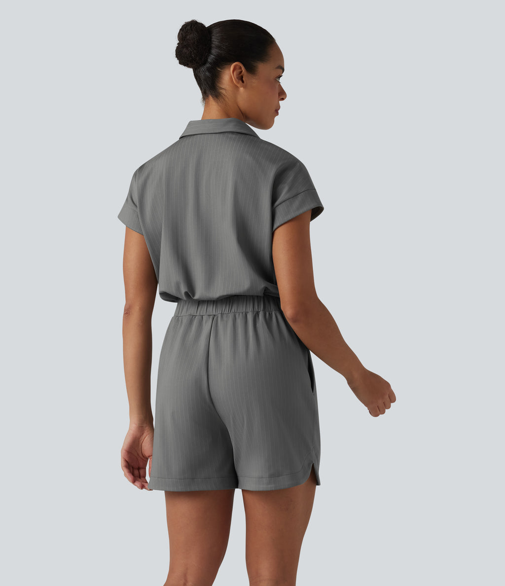 Short Sleeve Stripe Casual Shirt Playsuit with Pockets-Edition — Dusk Smoke Pinstripe — view 2