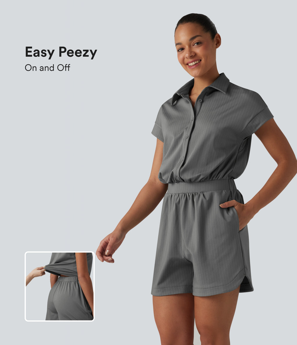 Short Sleeve Stripe Casual Shirt Playsuit with Pockets-Edition — Dusk Smoke Pinstripe — view 1