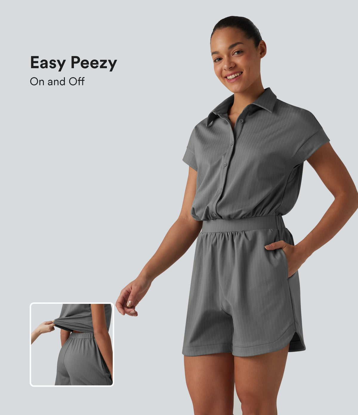 Short Sleeve Stripe Casual Shirt Playsuit with Pockets-Edition — Dusk Smoke Pinstripe — view 1