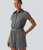 Short Sleeve Stripe Casual Shirt Playsuit with Pockets-Edition — Dusk Smoke Pinstripe — view 5