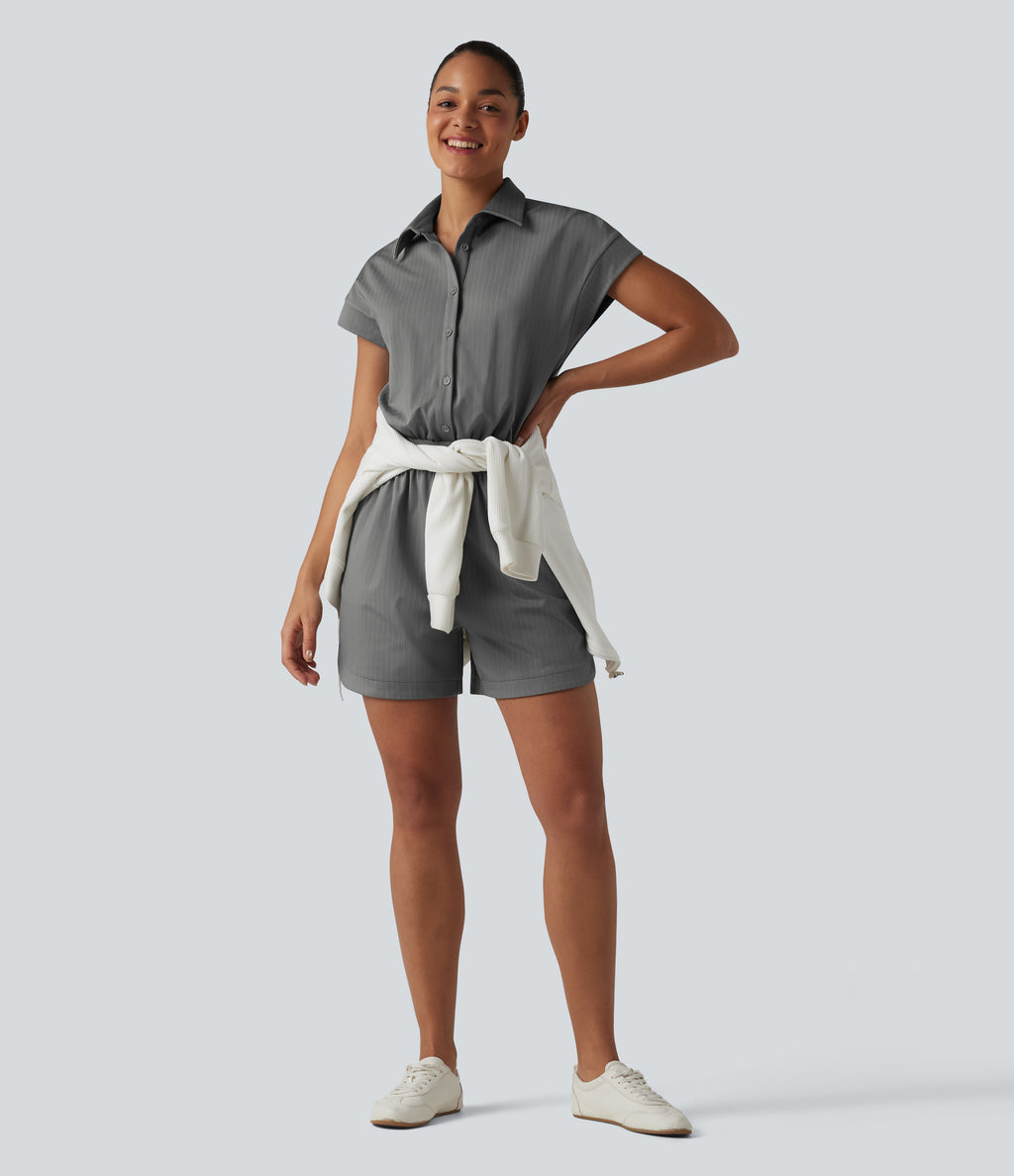 Short Sleeve Stripe Casual Shirt Playsuit with Pockets-Edition — Dusk Smoke Pinstripe — view 6