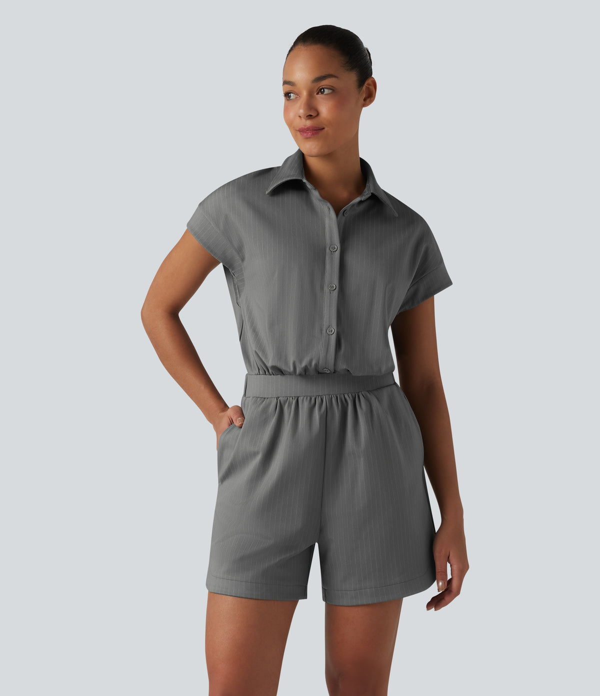 Short Sleeve Stripe Casual Shirt Playsuit with Pockets-Edition — Dusk Smoke Pinstripe — view 3