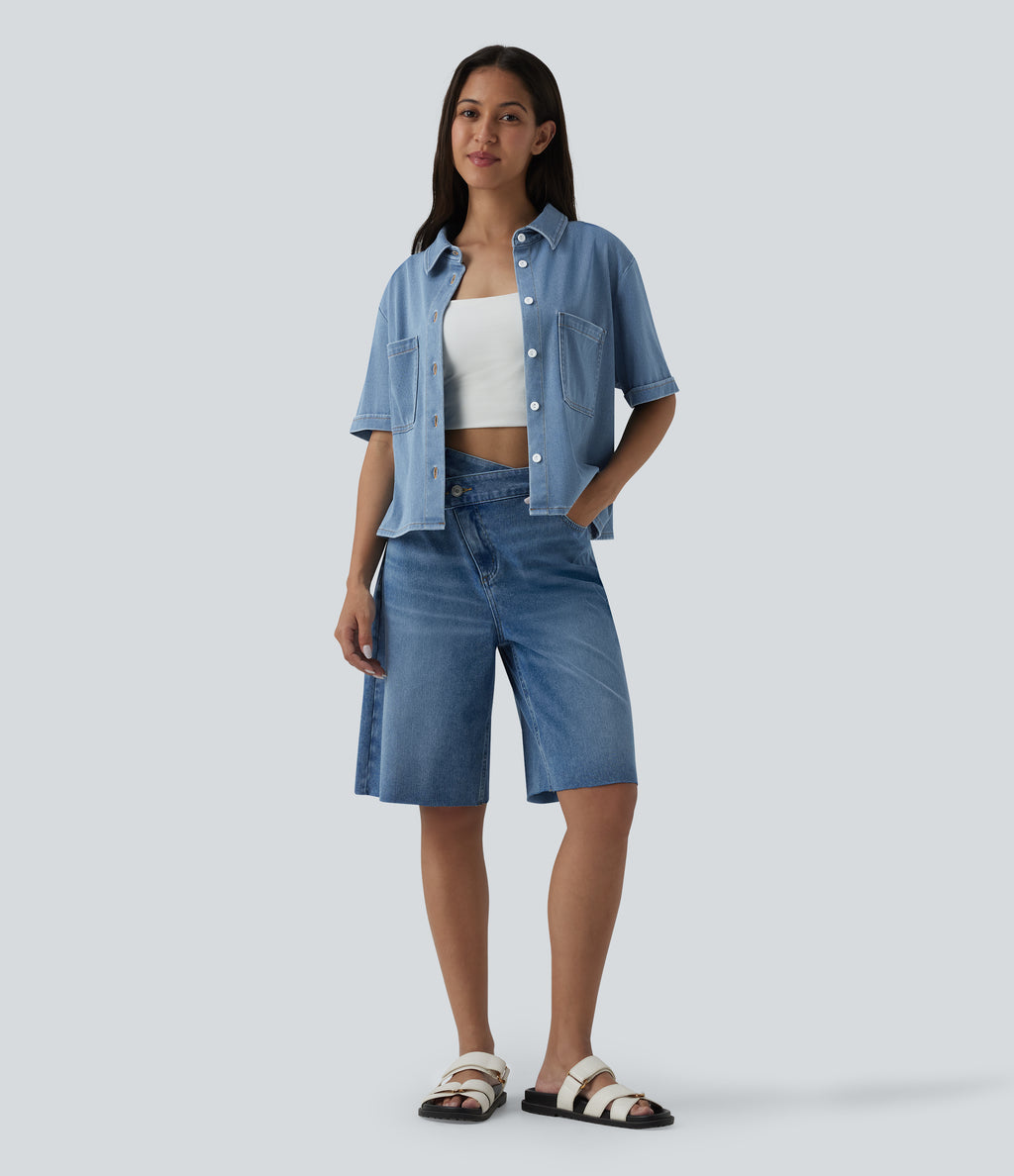 Short Sleeve Draped Lyocell Denim Casual Shirt with Pockets — Malibu Blue Denim — view 5