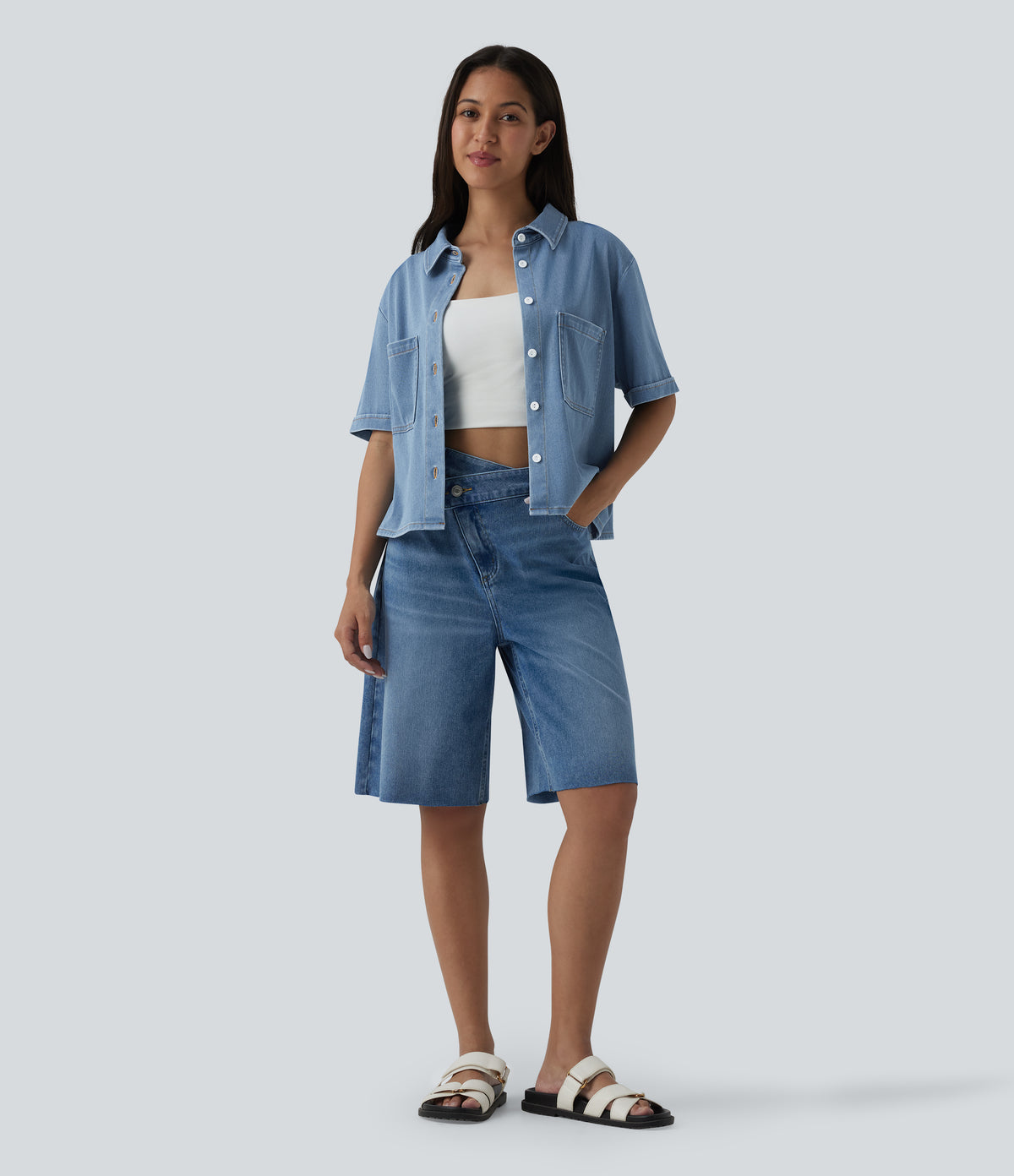 Short Sleeve Draped Lyocell Denim Casual Shirt with Pockets — Malibu Blue Denim — view 5