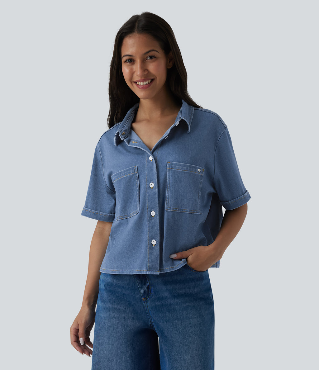 Short Sleeve Draped Lyocell Denim Casual Shirt with Pockets — Tide Blue Denim — view 6