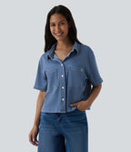 Short Sleeve Draped Lyocell Denim Casual Shirt with Pockets — Tide Blue Denim — view 6