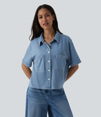 Short Sleeve Draped Lyocell Denim Casual Shirt with Pockets — Malibu Blue Denim — view 1