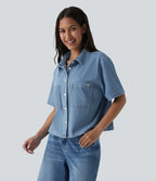 Short Sleeve Draped Lyocell Denim Casual Shirt with Pockets — Malibu Blue Denim — view 3