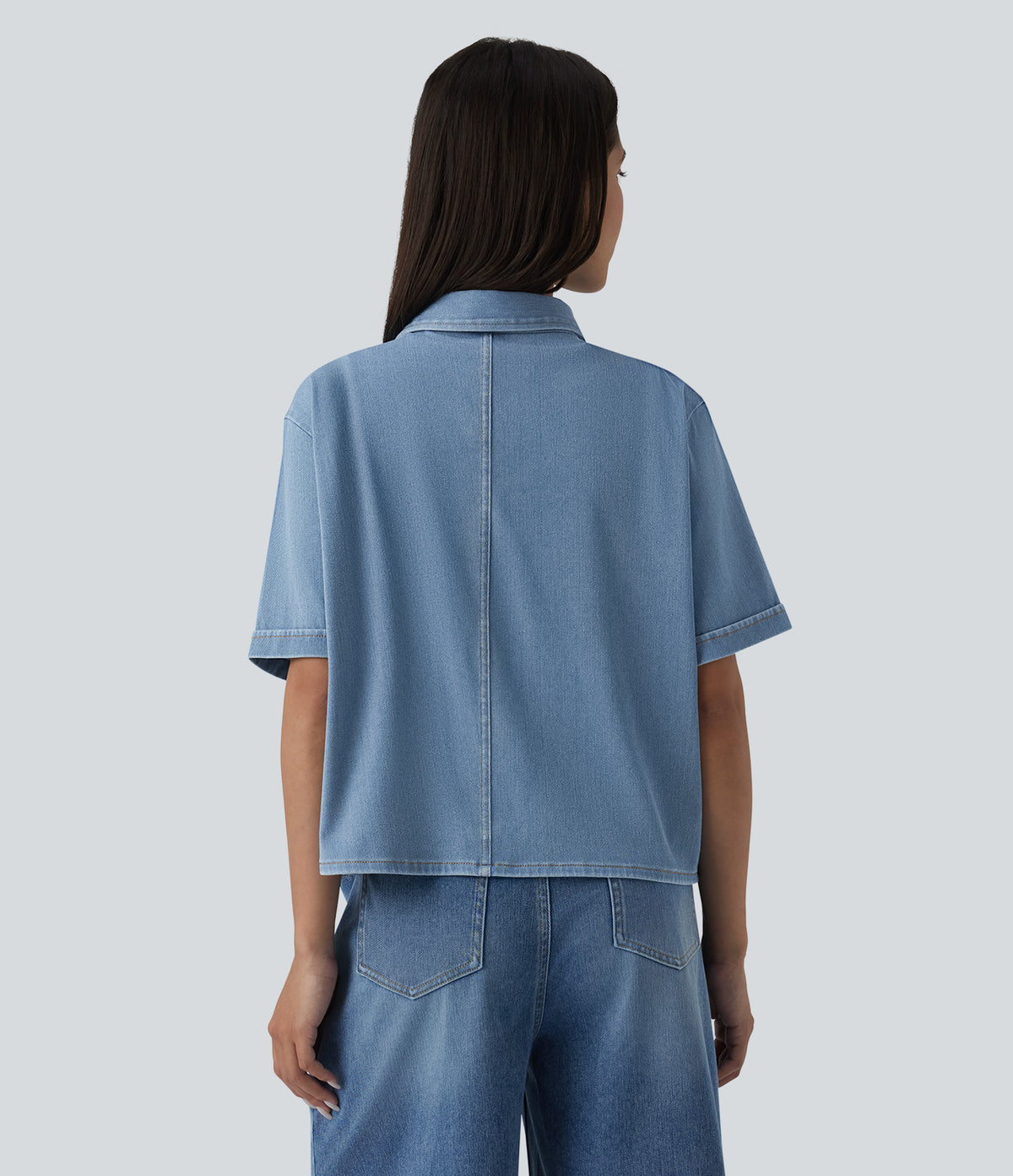 Short Sleeve Draped Lyocell Denim Casual Shirt with Pockets — Malibu Blue Denim — view 2